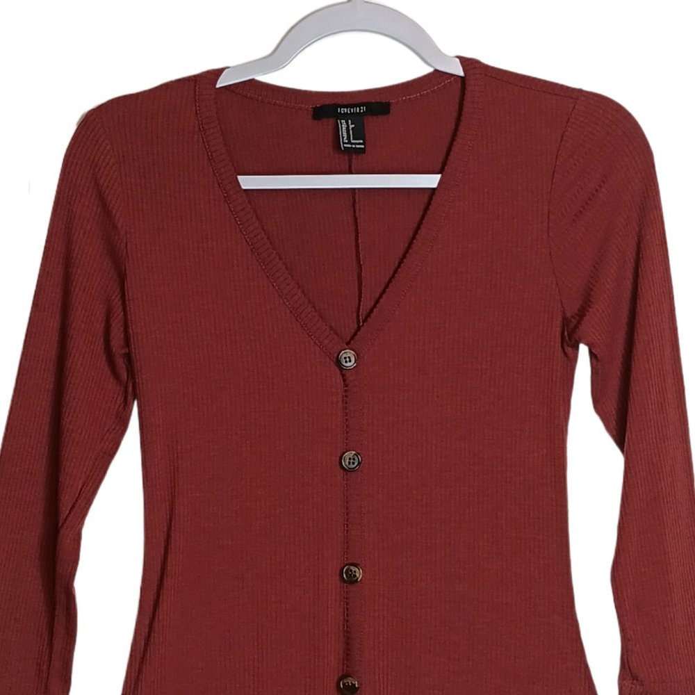 Forever 21 Shirt Dress Womens Small Maroon Ribbed Knit Y2K Long Sleeve Midi - Picture 2 of 3